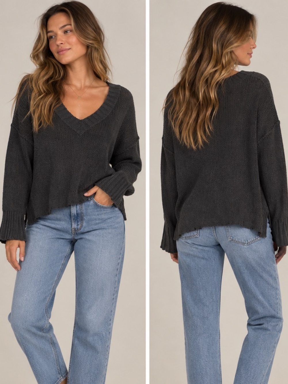 aerie Dark Charcoal V-Neck Knit Sweater